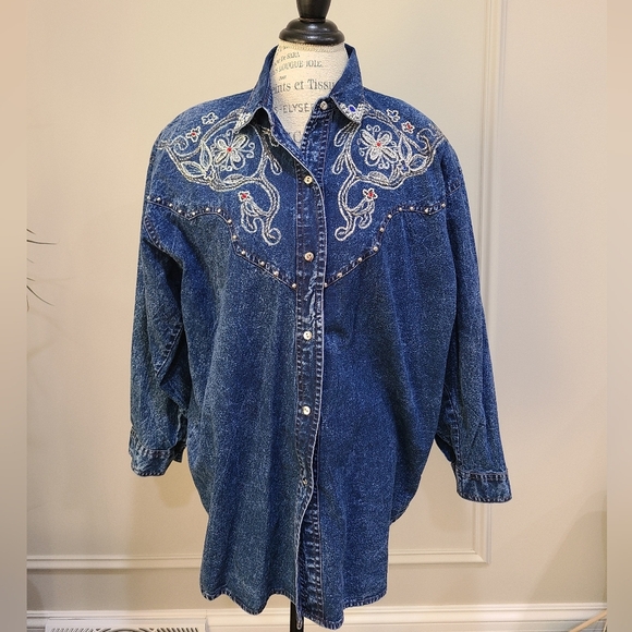 Vintage Brelly Bleu II Embroidered Denim Shirt Sz.1X Women's - Picture 1 of 8